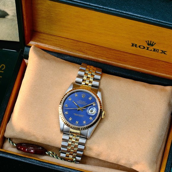 MEN'S ROLEX DATEJUST FACTORY BLUE DIAMOND DIAL FLUTED 36MM WATCH ORIGINAL BOX - Picture 1 of 9
